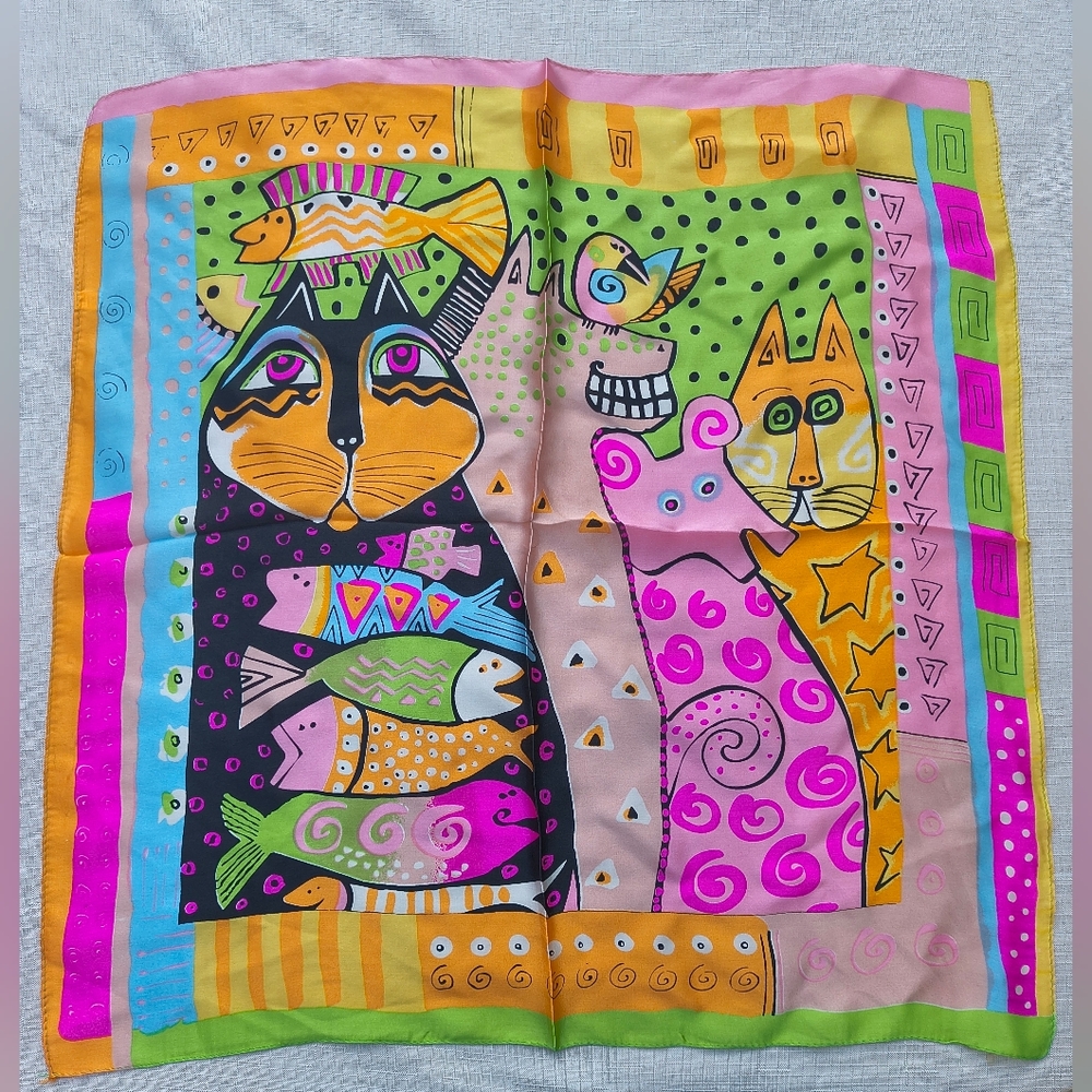 Vintage Laurel Burch 100% Silk Multi Color Cats Fishes Birds Scarf